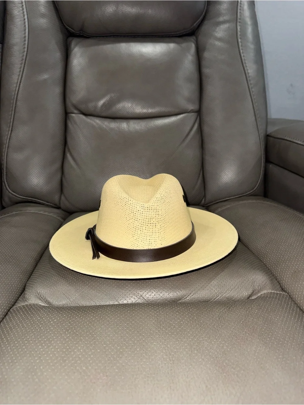 Beige Straw Fedora with Dark Brown Leather Band
